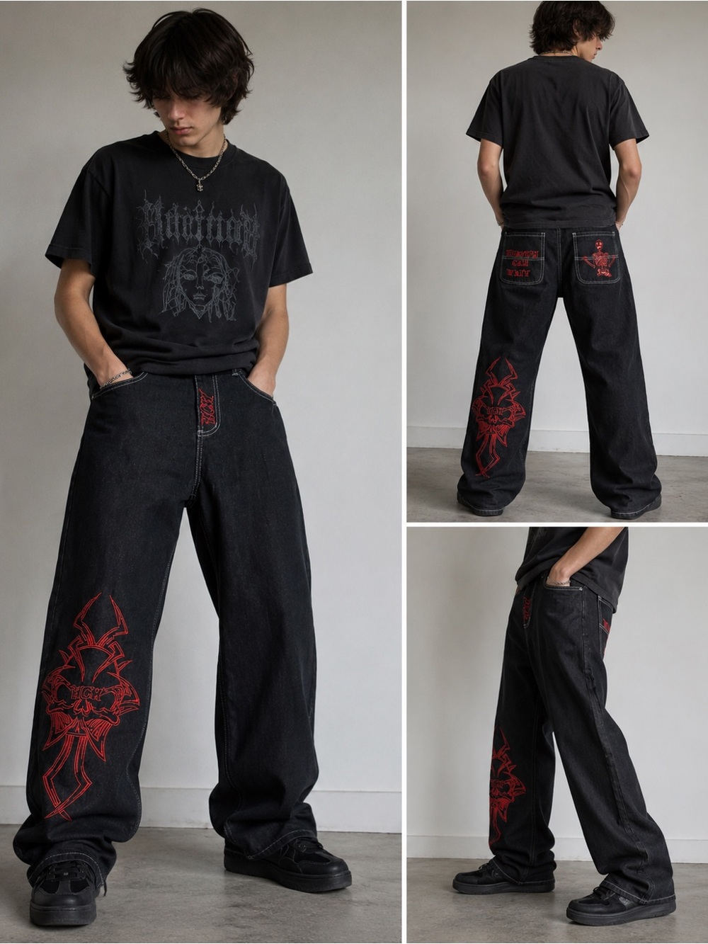 Y2K Black Baggy Jeans Mens Medium Red Embroidered Gothic Skull Wide Leg Skater